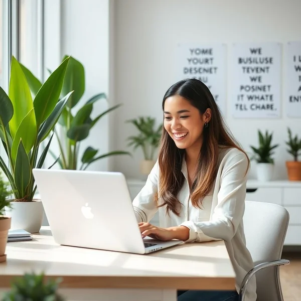 Una persona sonriendo mientras trabaja, representando un fulfilling job