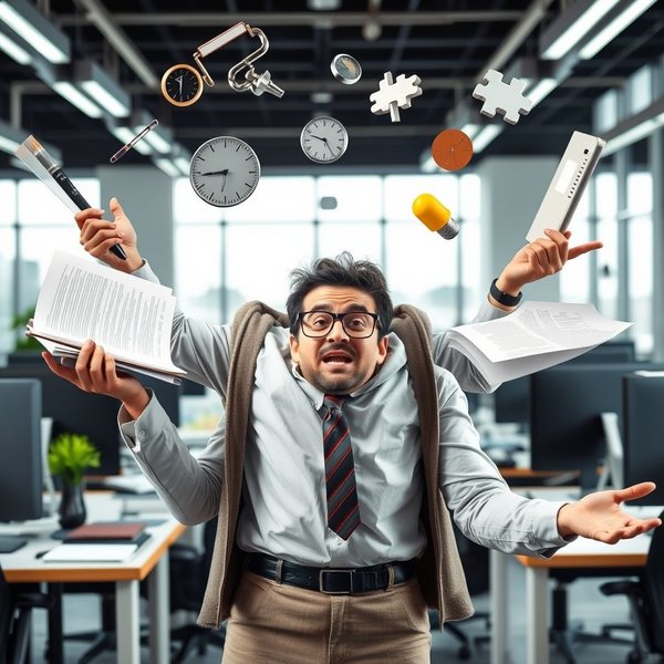 Eine Illustration einer Person, die mehrere Aufgaben gleichzeitig managt, was eine demanding job darstellt.