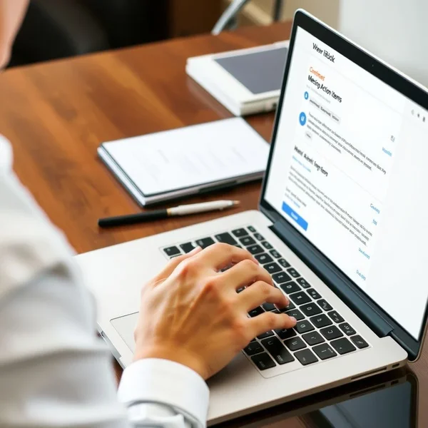 Bir kişinin dizüstü bilgisayarda Meeting Action Items E-postası yazması