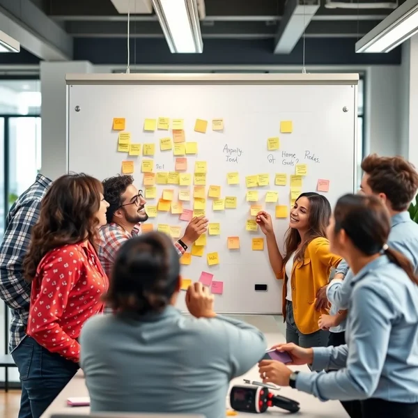 Image: A team collaborating around a whiteboard, illustrating the purpose of a Brainstorming Invitation Email
