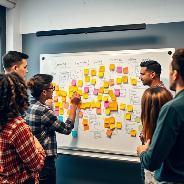 Hình ảnh: Một nhóm làm việc cùng nhau quanh bảng trắng, minh họa cho mục đích của Email Mời Tham Gia Brainstorming Invitation