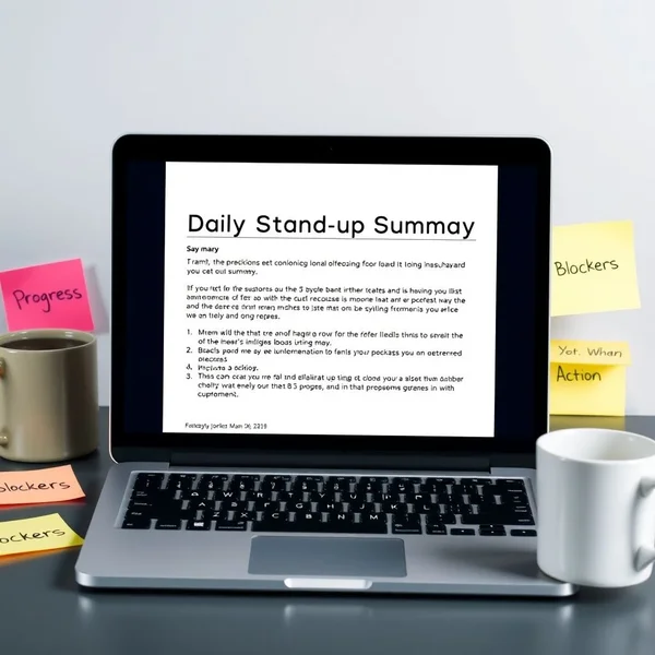 Sebuah Email Ringkasan Daily Stand-up yang jelas dan profesional di layar laptop