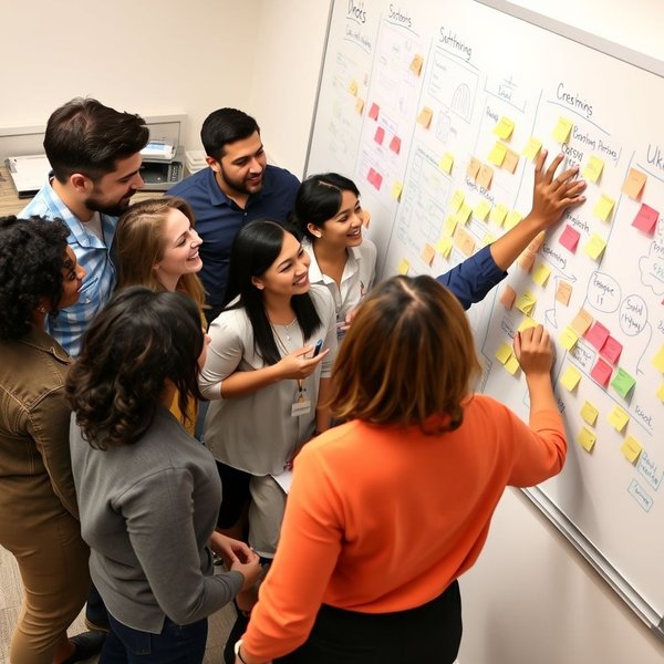 Image: A team collaborating around a whiteboard, illustrating the purpose of a Brainstorming Invitation Email