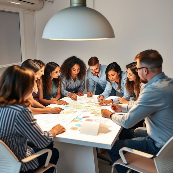 Image: A team collaborating around a whiteboard, illustrating the purpose of a Brainstorming Invitation Email