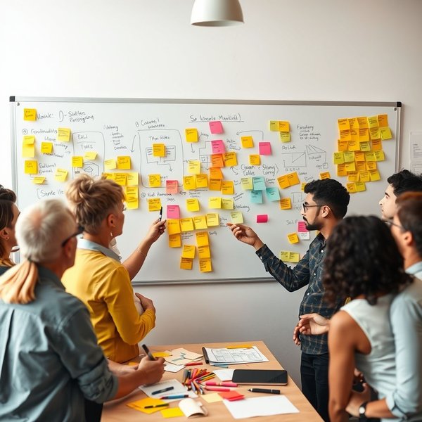 Image : Une équipe collaborant autour d’un tableau blanc, illustrant l’objectif d’un courriel d’invitation à un Brainstorming