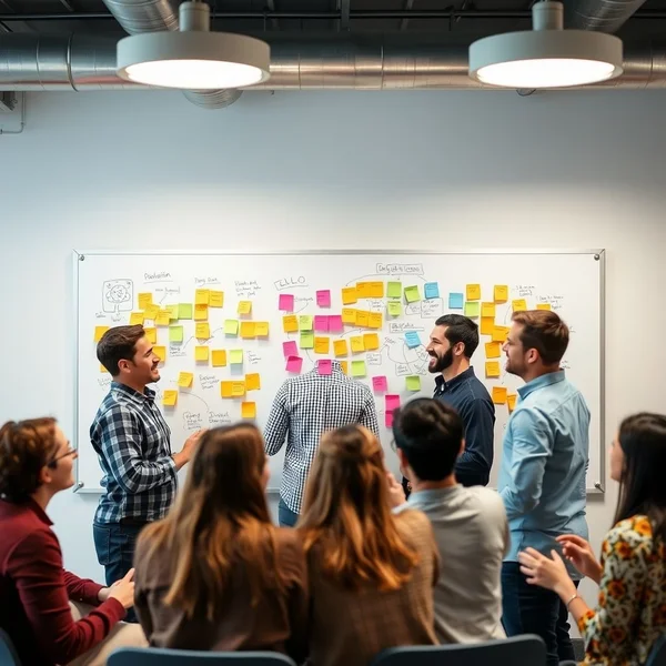 Image: A team collaborating around a whiteboard, illustrating the purpose of a Brainstorming Invitation Email