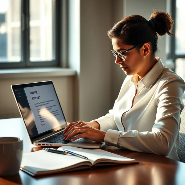 A person writing a Meeting Action Items Email on a laptop