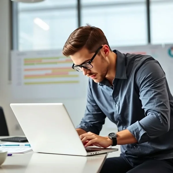 A person writing a Project Blocker Report Email on a laptop