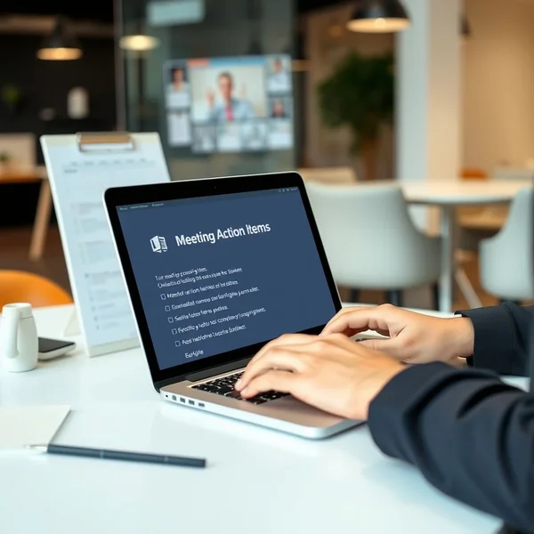 Una persona escribiendo un correo de Meeting Action Items en una laptop