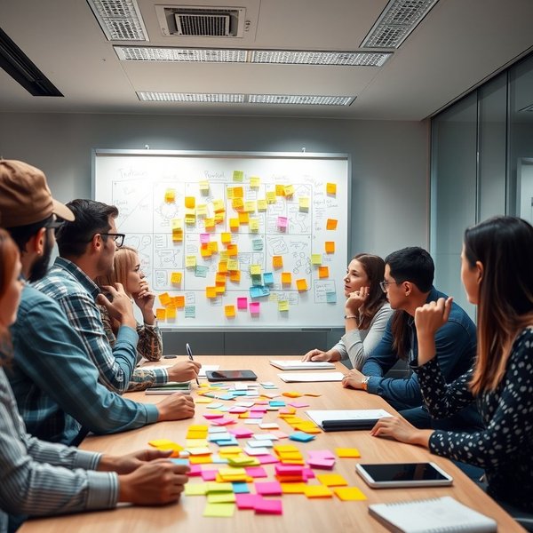 Image: A team collaborating around a whiteboard, illustrating the purpose of a Brainstorming Invitation Email