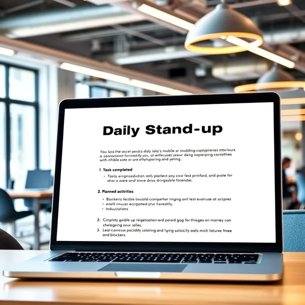 A clear and professional Daily Stand-up Summary Email on a laptop screen