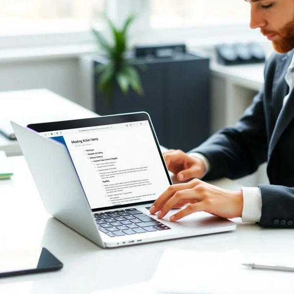 A person writing a Meeting Action Items Email on a laptop