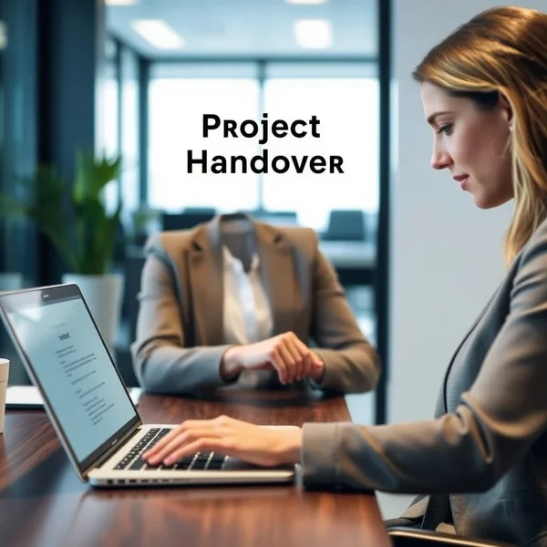 노트북에서 Project Handover Email을 작성하는 이미지
