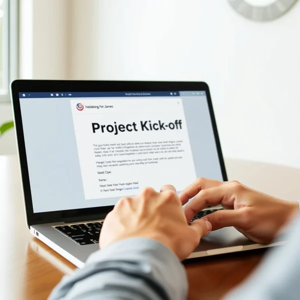 Image of a Project Kick-off Invitation Email being written on a laptop