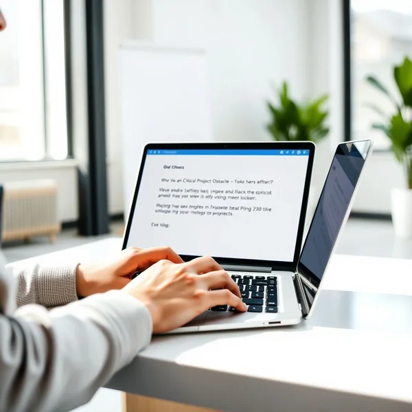 Seseorang sedang menulis Project Blocker Report Email di laptop