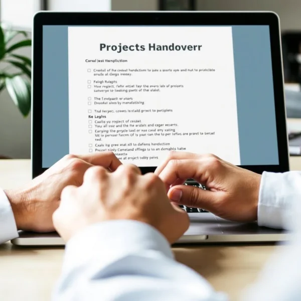 Gambar Email Project Handover yang sedang ditulis di laptop