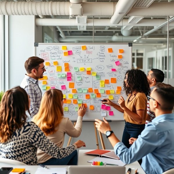 Image: A team collaborating around a whiteboard, illustrating the purpose of a Brainstorming Invitation Email