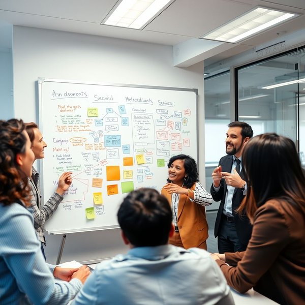 Image: A team collaborating around a whiteboard, illustrating the purpose of a Brainstorming Invitation Email