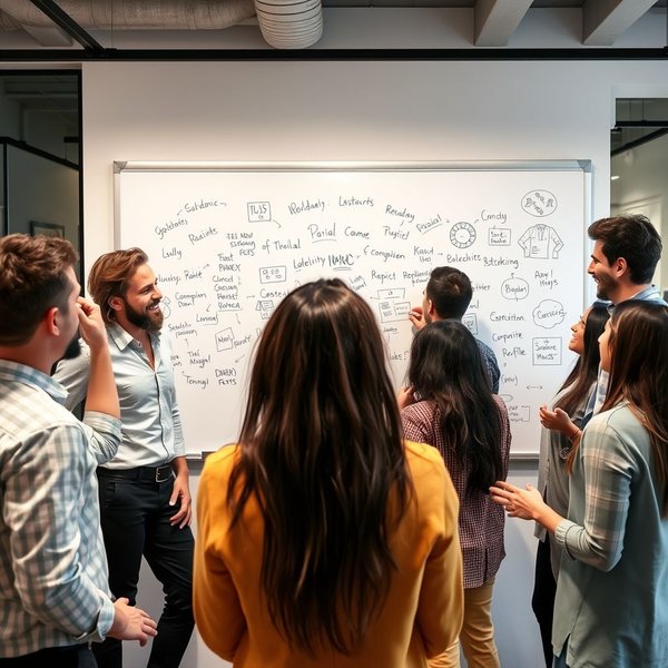 Image: A team collaborating around a whiteboard, illustrating the purpose of a Brainstorming Invitation Email