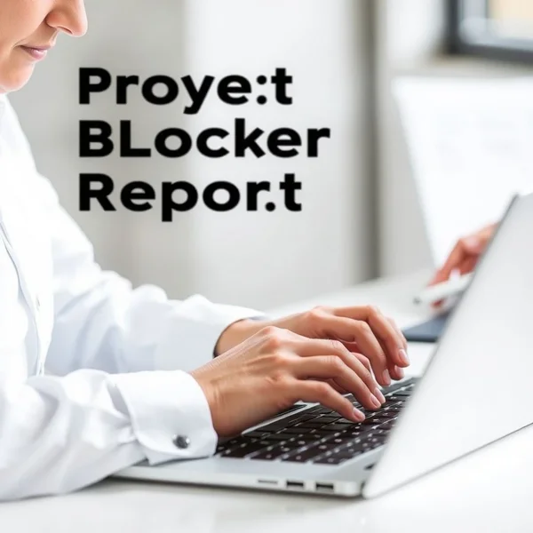 A person writing a Project Blocker Report Email on a laptop