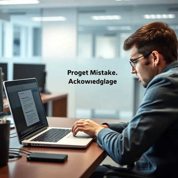 A person looking seriously at a laptop, composing a Project Mistake Acknowledgment Email