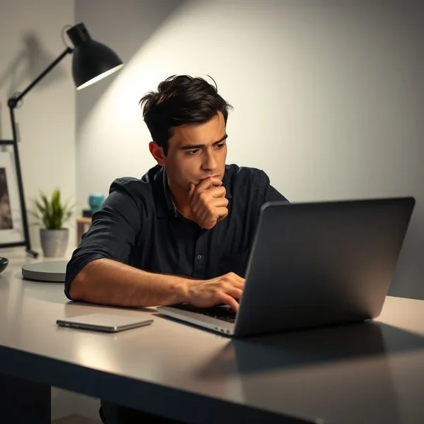 Een persoon die serieus naar een laptop kijkt en een Project Mistake Acknowledgment Email opstelt