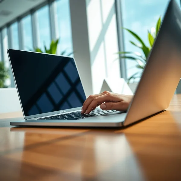 A person looking seriously at a laptop, composing a Project Mistake Acknowledgment Email