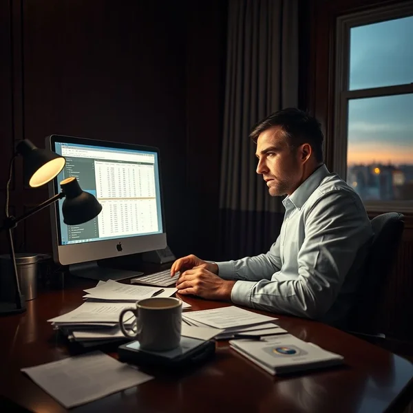 A person looking seriously at a laptop, composing a Project Mistake Acknowledgment Email