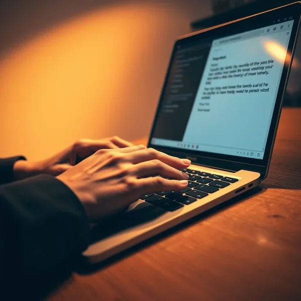 A person looking seriously at a laptop, composing a Project Mistake Acknowledgment Email
