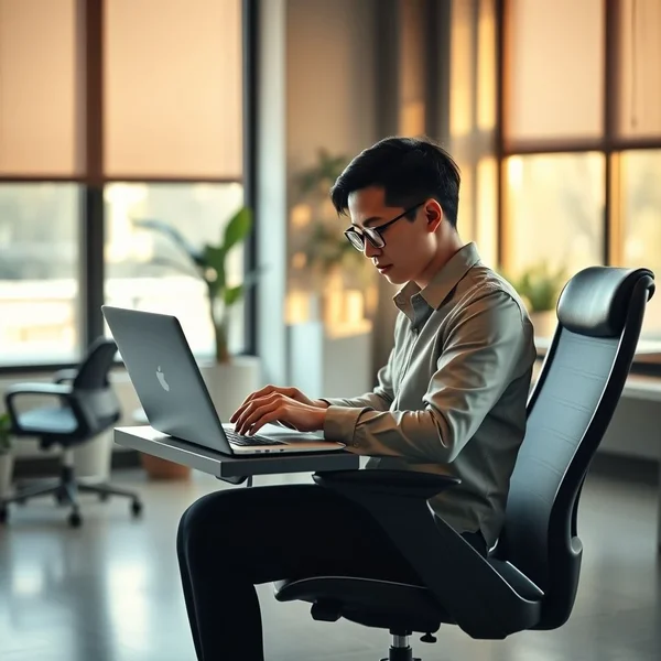 Một nhân viên văn phòng đang sử dụng ghế công thái học, minh họa mục đích của Email Yêu Cầu Đánh Giá Công Thái Học