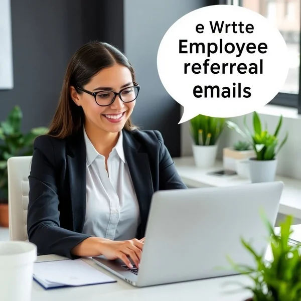 Bir kişi dizüstü bilgisayarda profesyonel bir Employee Referral Email yazıyor