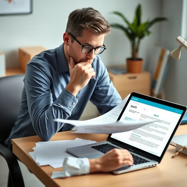 Seseorang melihat dokumen tunjangan sambil menulis Email Benefits Inquiry
