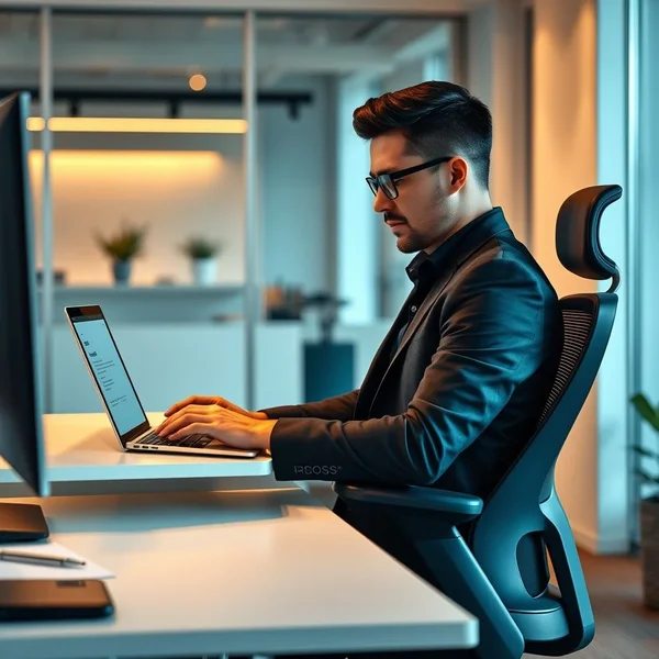 Seorang pekerja kantor menggunakan kursi ergonomis, mengilustrasikan tujuan dari Email Permintaan Ergonomic Assessment