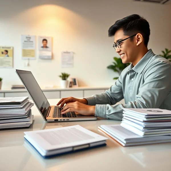 Seorang profesional sedang menulis Personal Information Update Email di laptop