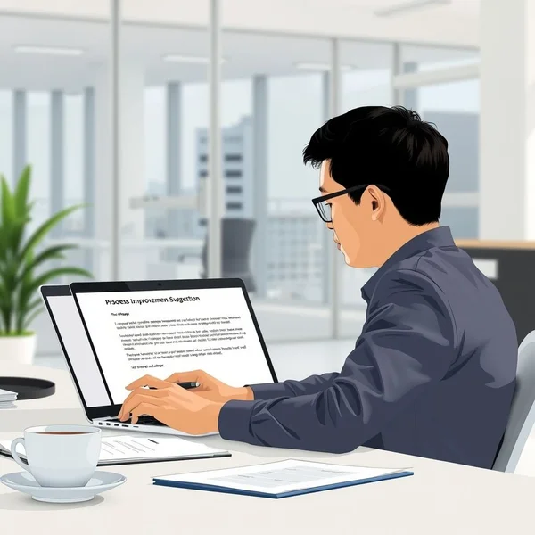 Seseorang sedang menyusun Process Improvement Suggestion Email di laptop