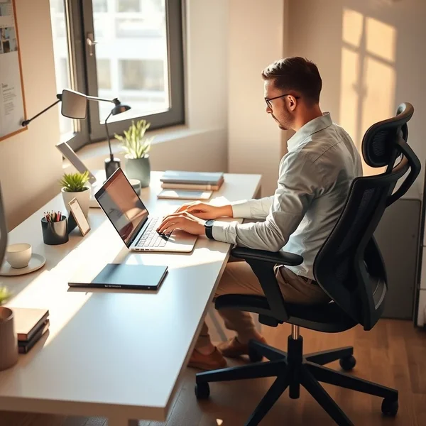 Un lavoratore d’ufficio che utilizza una sedia ergonomica, a illustrazione dello scopo di una Ergonomic Assessment Request Email