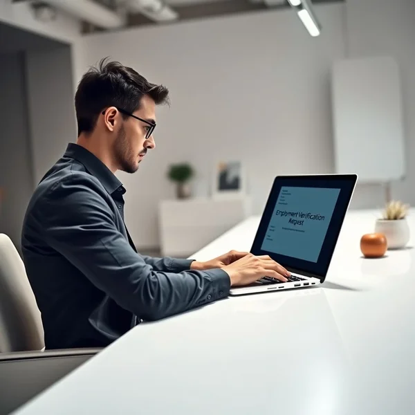 Une image montrant une personne rédigeant un email de demande d’Employment Verification Letter Request sur un ordinateur portable.