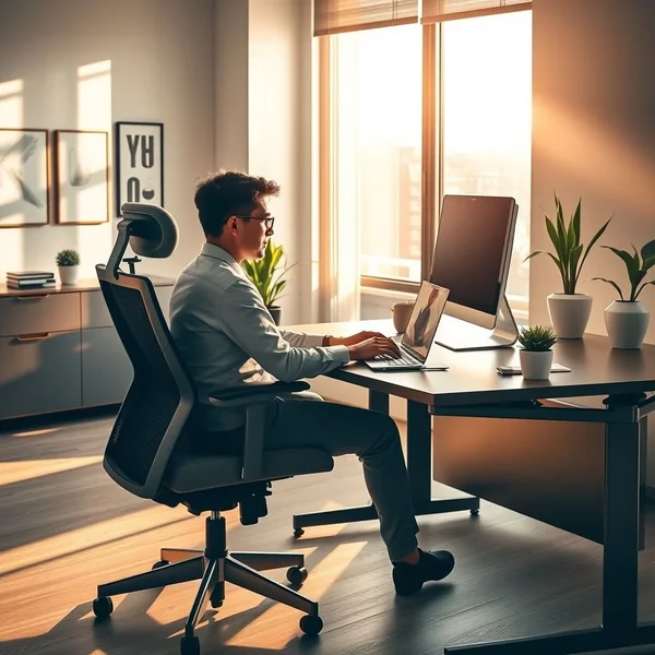 Un employé de bureau utilise une chaise ergonomique, illustrant l’objet d’un e-mail de demande d’évaluation ergonomique