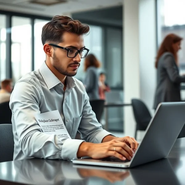 A person carefully writing a Workplace Grievance Report Email on a laptop