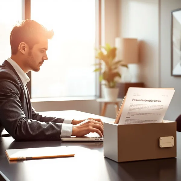 A professional writing a Personal Information Update Email on a laptop