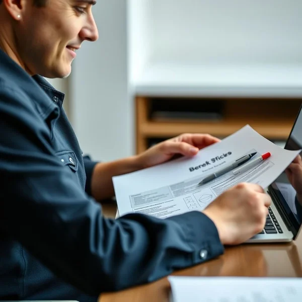 Uma pessoa analisando um documento de benefícios enquanto escreve um E-mail de Benefits Inquiry