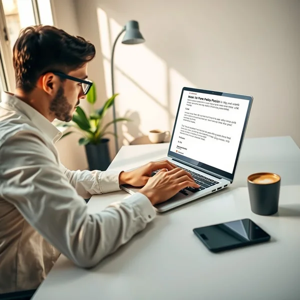 A person typing a WFH Policy Inquiry Email on a laptop