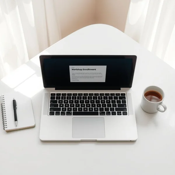 Um E-mail de Confirmação de Inscrição em Workshop claro e profissional na tela de um laptop