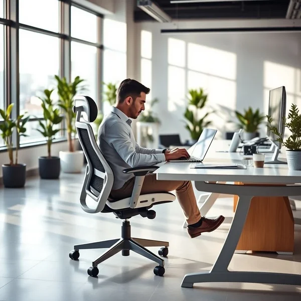 An office worker using an ergonomic chair, illustrating the purpose of an Ergonomic Assessment Request Email