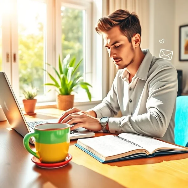 A person typing a WFH Policy Inquiry Email on a laptop