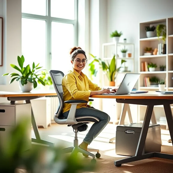 Una persona trabajando en una oficina usando una silla ergonómica, ilustrando el propósito de un correo de Ergonomic Assessment Request
