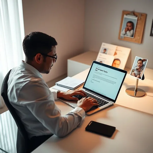 Una persona escribiendo un correo de Parental Leave Policy Inquiry en su computadora
