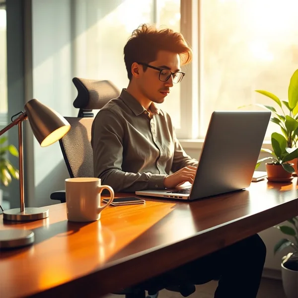 Bir ofis çalışanı, Ergonomic Assessment Request Email'in amacını gösteren ergonomik bir sandalye kullanıyor.