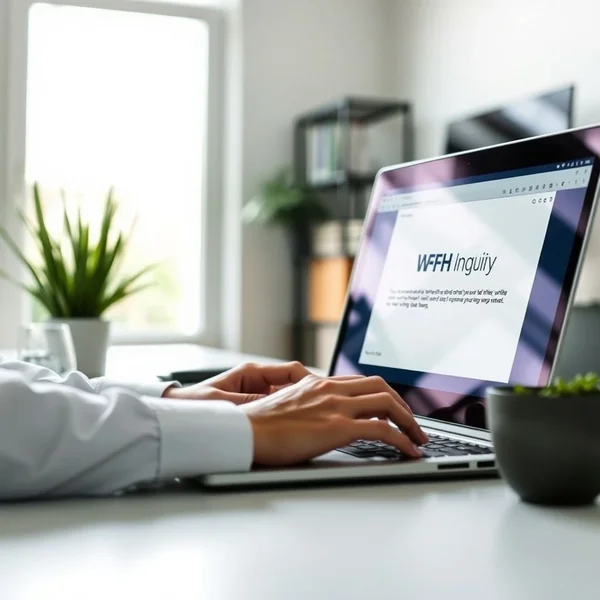 A person typing a WFH Policy Inquiry Email on a laptop
