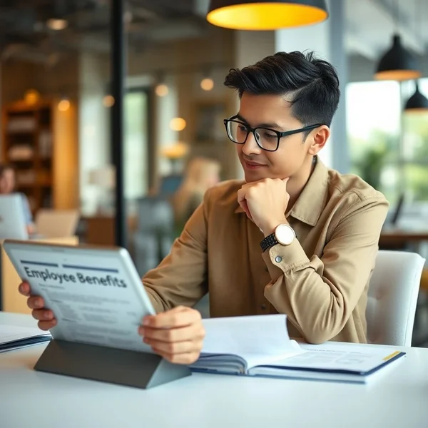 A person looking at a benefits document while writing a Benefits Inquiry Email